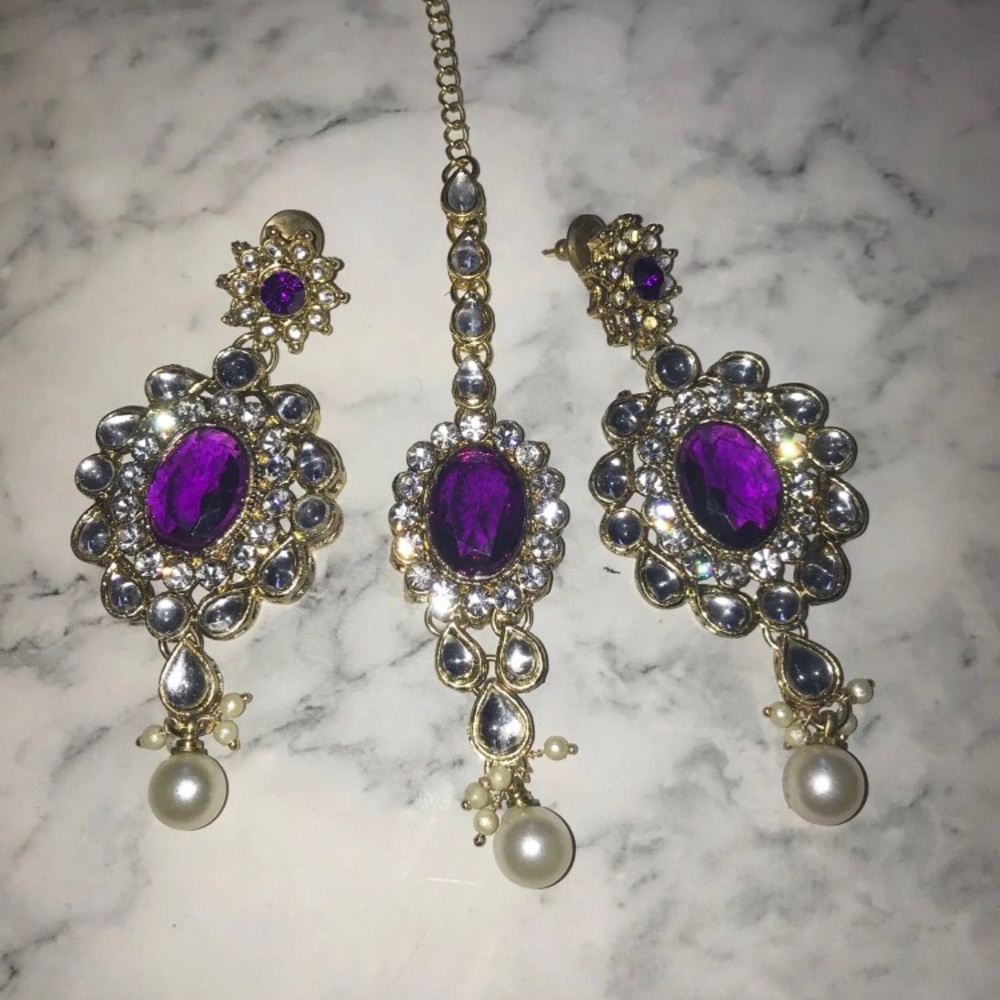 Indian purple jewelry set tikka earrings